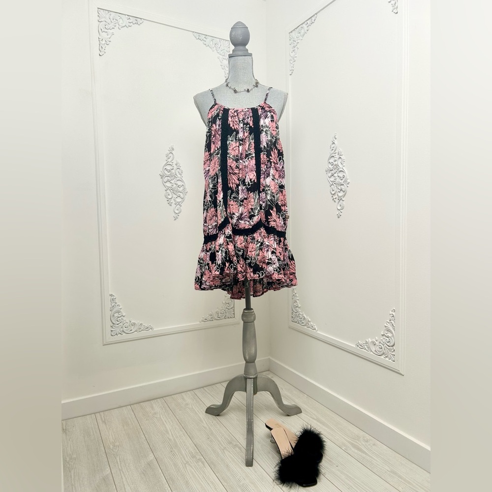 Black and Pink Floral Dress with Frill Hem